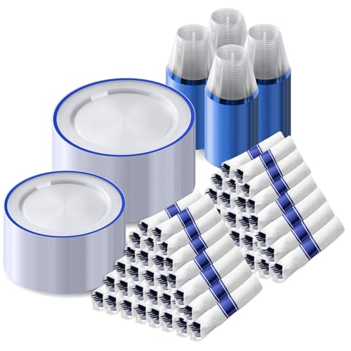 Dark Blue Disposable Plastic Plates Set for 100 Guests - 700 Pcs