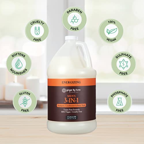 Ginger Lily Farms Botanicals Men's 3-in-1 Shampoo, Conditioner & Body Wash, 100% Vegan & Cruelty-Free, Energizing Scent, 1 Gallon (128 fl oz) Refill
