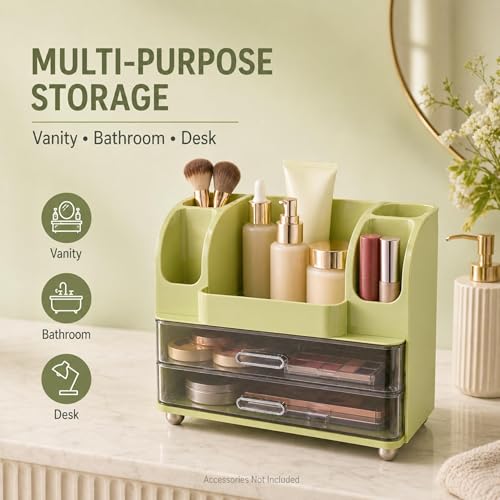 ROOM127 Vintage Green Makeup Organizer with 2 Clear Drawers & Brush Holders