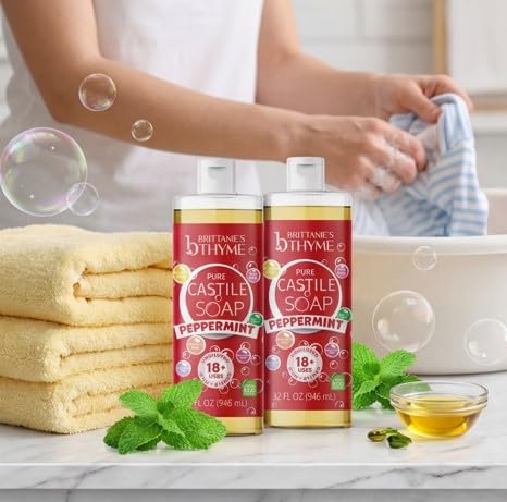 Brittanie's Pure Castile Liquid Soap Peppermint 64 Fl Oz - Nourishing Hand Wash with Organic Olive & Coconut Oil