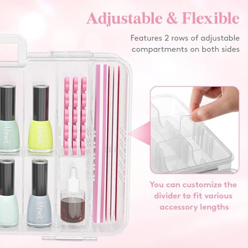 Lifewit Nail Polish Organizer Case for 36 Bottles with 8 Adjustable Sections, Portable Sturdy Gel Nail Polish Storage Holder with 4 Nail Separators, Clear, 33 ¡¿ 8 ¡¿ 20 cm/13 x 3 x 8 inch, 2 Pack