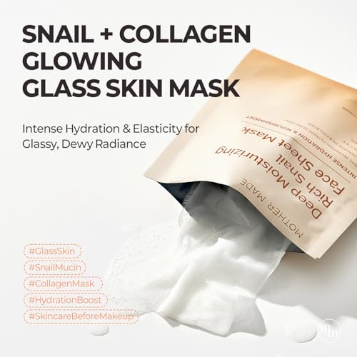 MOTHER MADE Glowing Glass Skin Hydrating Snail Deep Collagen Face Masks Set of 20 EA, with Niacinamide 2%, Vitamin E, Facial Mask for Dry, Sensitive Skin, Self Care, Korean Skincare