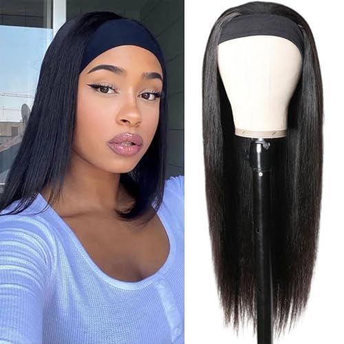 Natural Color Headband Wig Straight 12 Inch Human Hair for Black Women - No Lace, Glueless, 150% Density