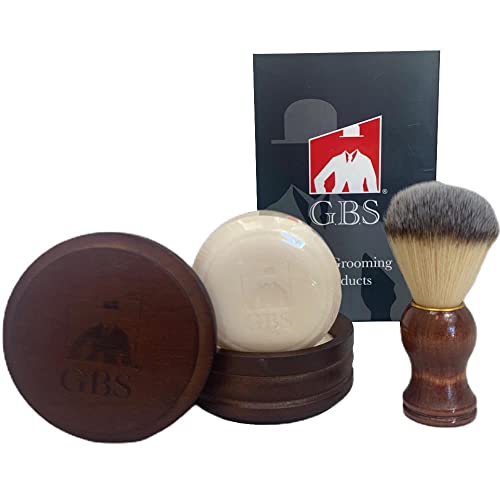 G.B.S Wooden Shaving Set with Synthetic Brush & Natural Soap Bowl - 3pc Beechwood Variation