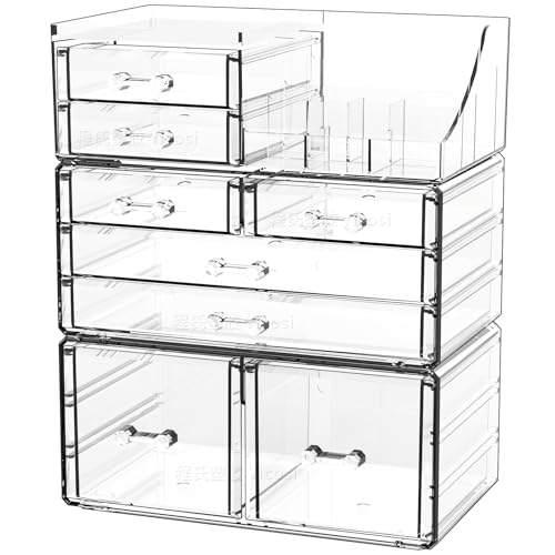 Cq Acrylic 3-Pack Clear Makeup Organizer with 8 Drawers - Stackable Vanity Storage