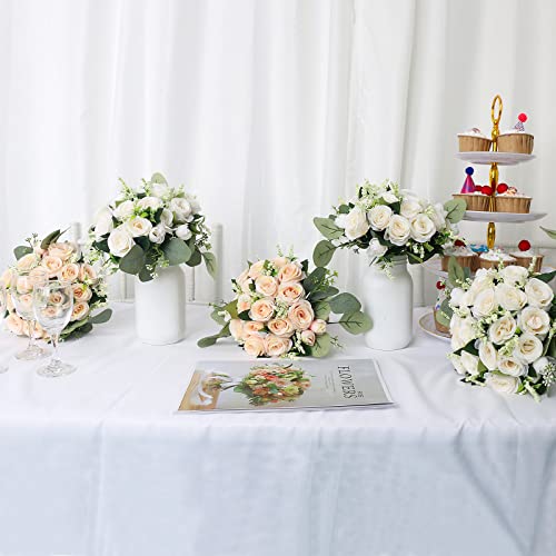 White Bridesmaid Bouquets Set of 6 - 7 Inch Ivory Artificial Flower Arrangements for Wedding & Party - Variation: White