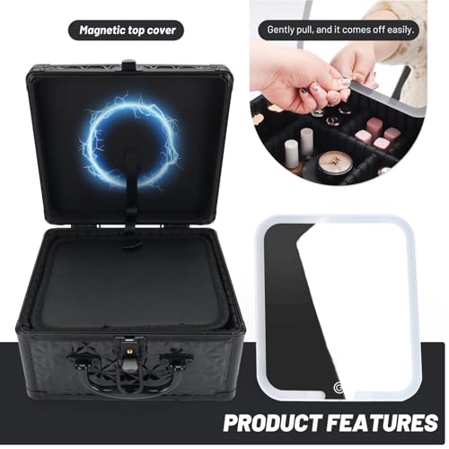 Makeup Case, Travel Train Case with Magnetic LED Mirror, Waterproof Cosmetic Organizer with Adjustable Divider, 3 Color Mode - Sparkling Black