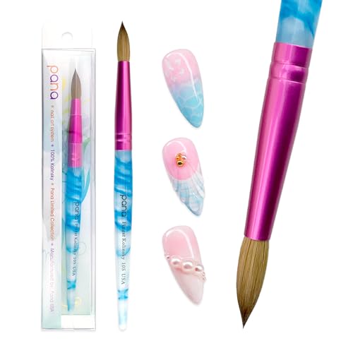 PANA Pure Kolinsky Nail Art Brush Size 10 - Round Pink Ferrule & White Swirl Blue Handle