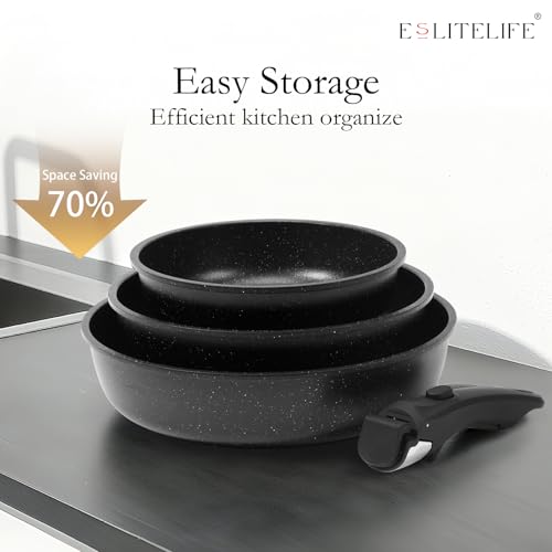 ESLITE LIFE 7-Piece Nonstick Skillet Set with Detachable Handles - Black, 8/9.5/11 Inch