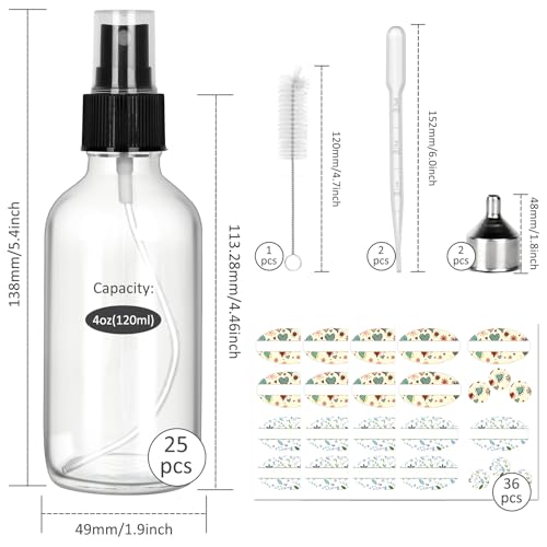 CycleMore 25 Pack 4oz Clear Glass Spray Bottles with Fine Mist Sprayers - Reusable Travel Dispensers