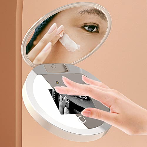 Travel Mirror with Light Intelligent Touch Control Brightness Adjustment UV Camera Lens Testing Compact Makeup Mirror with Magnification Portable LED Vanity Mirror for Travel and Home Use