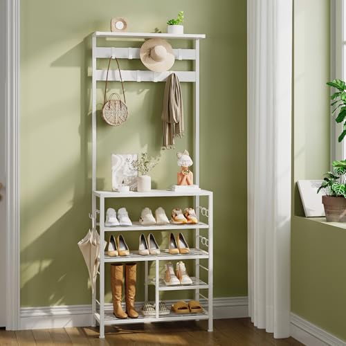 White 5-Tier Hall Tree Entryway Coat Rack with Movable Metal Hooks - GiftGo