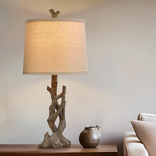 Rustic Farmhouse Table Lamp Set - Twig Dark Brown with Oatmeal Shade for Bedroom & Living Room