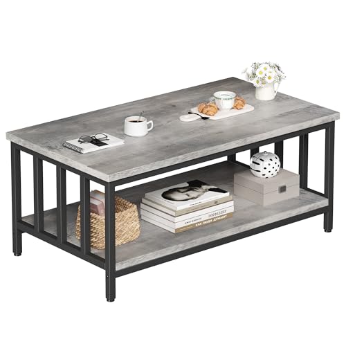Homeiju 39.4 Inch Modern Farmhouse Coffee Table with 2-Tier Storage, Grey Wash