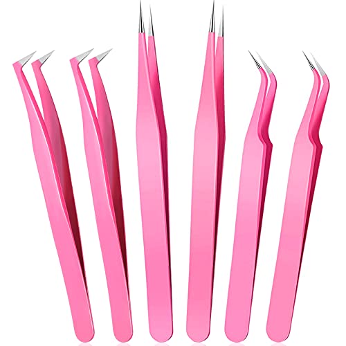 High Precision Lash Tweezers Set 6 Pack Stainless Steel Eyelash Extension Tweezers for Classic, Volume, Mega Volume Lashes, Facial Hair, Eyebrow, Hair Removal, Crafting Making(Pink)