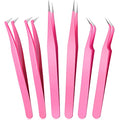High Precision Lash Tweezers Set 6 Pack Stainless Steel Eyelash Extension Tweezers for Classic, Volume, Mega Volume Lashes, Facial Hair, Eyebrow, Hair Removal, Crafting Making(Pink)