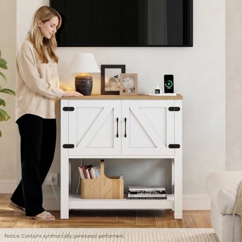 IRONCK 32-Inch Console Table with Storage, USB/ outlets Power Hub, Farmhouse White