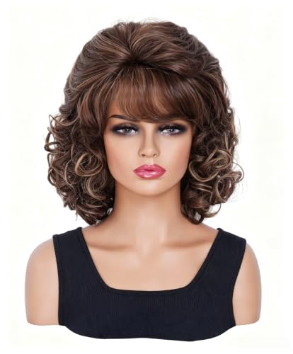 Brown Mixed Wavy Short Wig with Bangs for Women - Synthetic Cosplay & Daily Use