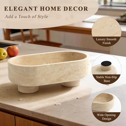 LIN CHUAN Natural Travertine Oval Fruit Bowl with Two Legs - Beige Decor