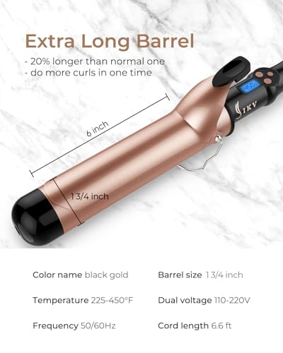 IKV 1 3/4 Inch Large Curling Iron with Long Barrel for Long Hair, Fast Heating