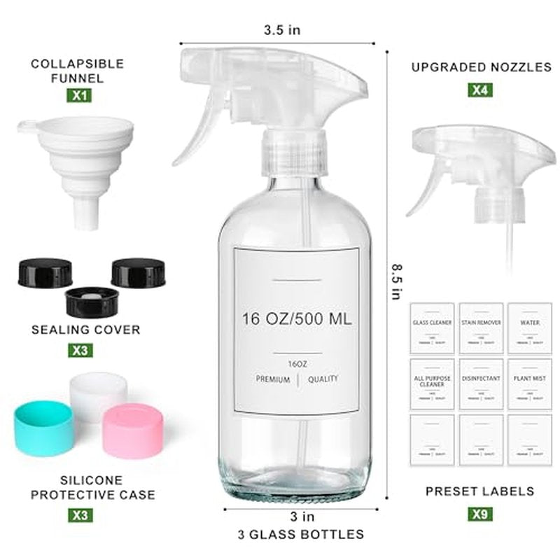 3Pcs empty glass spray bottle with Silicone Sleeve and label, 16 ounce reusable spray bottle, adjustable nozzle,for cleaning solutions, essential oils, hair, pets, plants, etc.