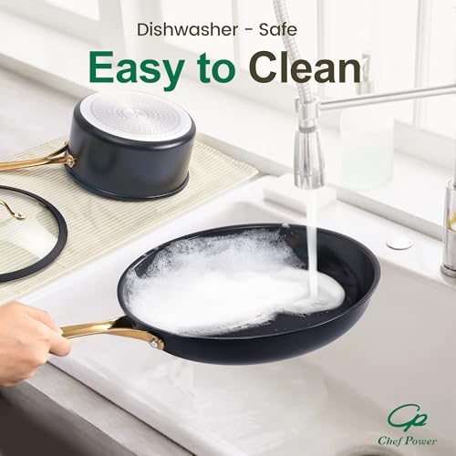 Chef Power Non-Stick Ceramic Frying Pan Set - Stone Black & Light Gold, 8/9/11 Inch Skillets