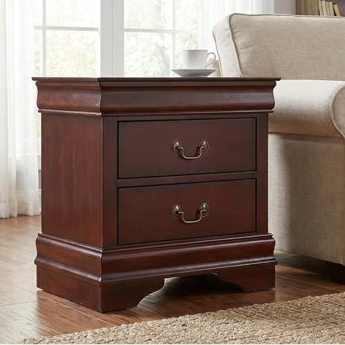 Nightstand with 2 Drawers - Traditional Louis Philippe Style, Reddish Brown Finish