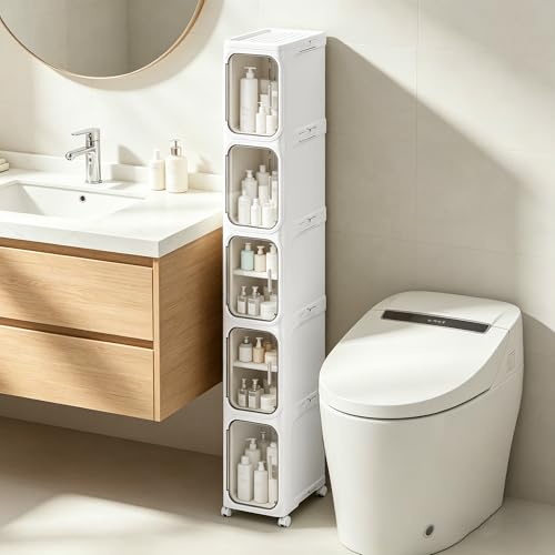LXLXXL 5-Tier Narrow Storage Cabinet - Slim Tall Bathroom Organizer Snow White