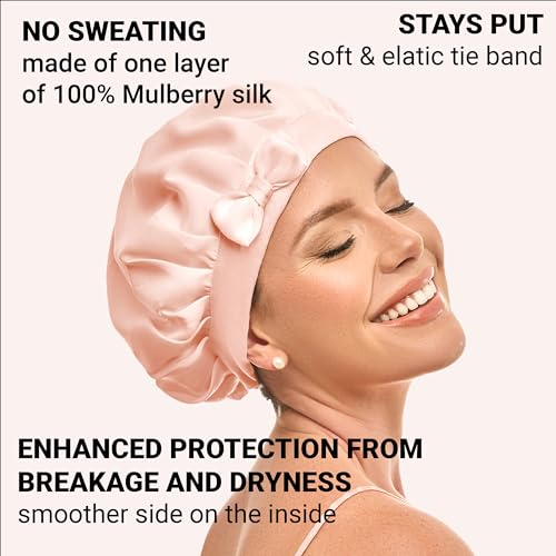 Golden Star Beauty Silk Bonnet Sleeping Cap For Women, Made of Real 100% Mulberry Silk, Soft and Easy to Use, Breathable & Adjustable Sleep Caps, Fine Hair Wrap - Night Head Cap for Curly Hair (Pink)