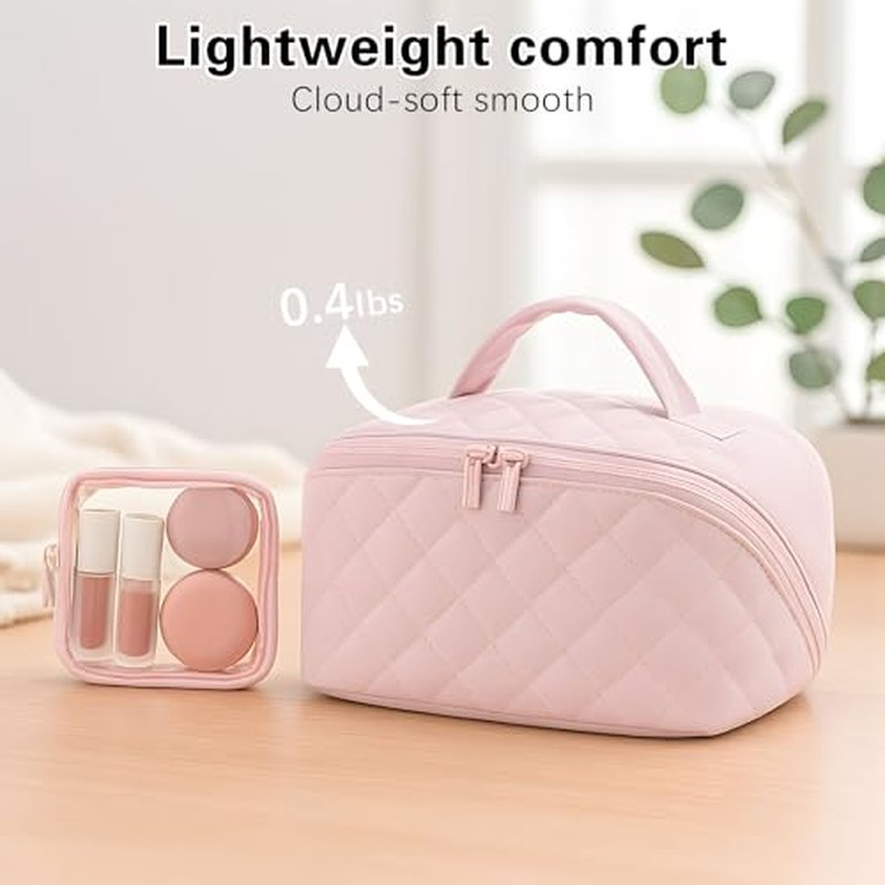 Makeup Bag Travel Toiletry Bag, Puffy Padded Make Up Bags for Women, Waterproof Cosmetic Organizer, Makeup Organizer Wide-open Pouch Purse, Travel Essentials for Toiletries Accessories Storage (White)