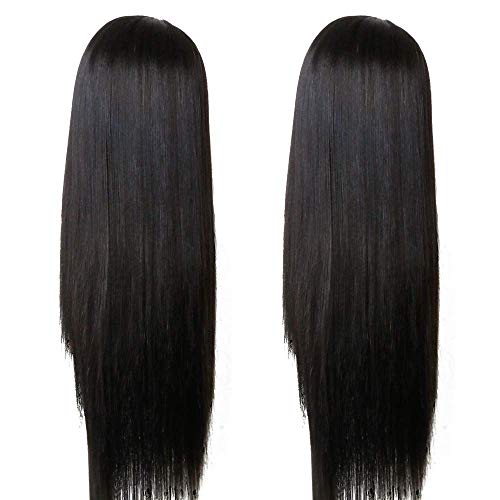 Long Straight Remy Hair Wig 26 Inches Natural Black Heat Resistant Full Machine Wig with Bangs
