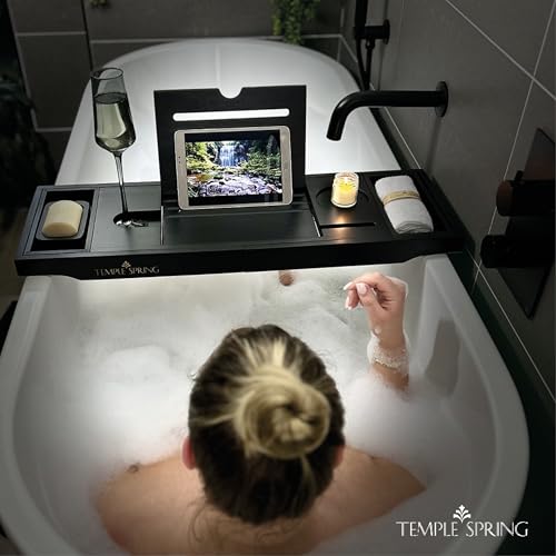 Temple Spring Wooden Bathtub Tray, Bamboo Bathroom Accessories, Bath Tray for Tub, at Home Spa Essentials, Board for Tub Table, Bath Caddy for Bathtub Accessories & Bathroom Essentials ? Black