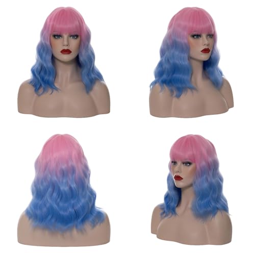 Pink Ombre Blue Short Wavy Curly Wig 14 Inch Cosplay Halloween Party Hair - Variation of Pink Ombre Blue