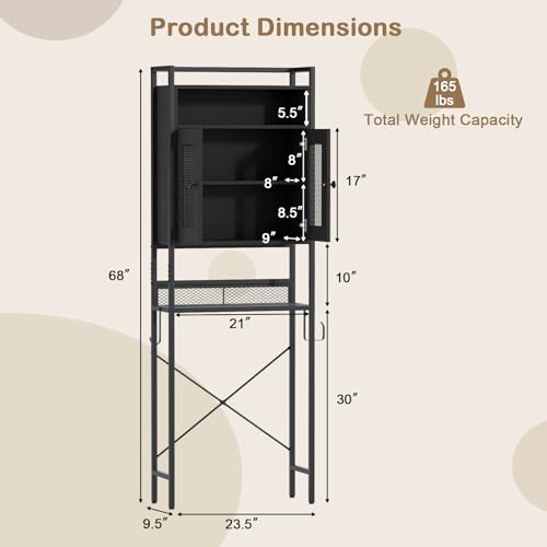 Over The Toilet Storage Cabinet - 5-Tier Bathroom Organizer with Mesh Doors - Black / Rustic Variation
