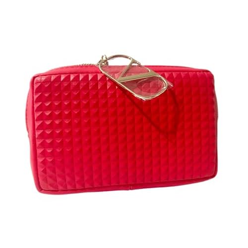 Valentino Red Triangle Diamond 3D Grid Small Zip Makeup Cosmetic Gift Pouch Approx 6L x 4H x 1W (2297)