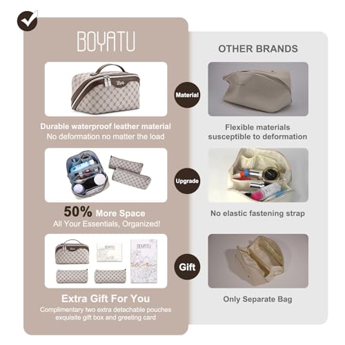 BOYATU Khaki 3-Piece Travel Makeup Bag Set with Large Compartments