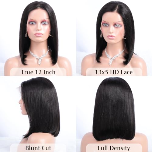 12 Inch Natural Black Human Hair Bob Wig with 13x4 HD Lace Frontal - Glueless, Pre-Plucked, 150% Density