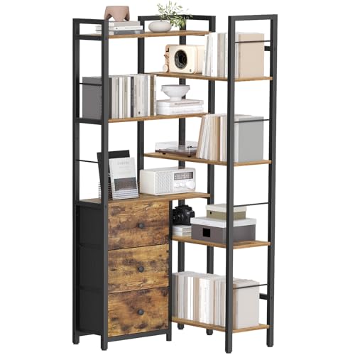 YATINEY Rustic Brown & Black Corner Bookshelf 7-Tier L-Shaped Storage Display