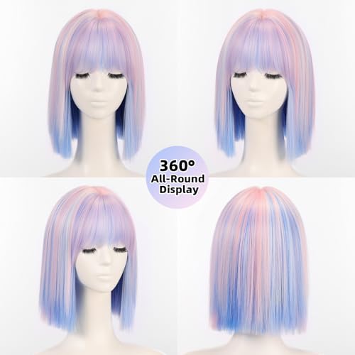 Rainbow Short Bob Wig with Bangs - Heat-Resistant Synthetic Hair for Women, 12 Inch for Daily, Party, Halloween Costume