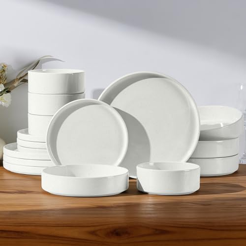 16-Piece Stoneware Dinnerware Set with Pasta Bowls - Speckled White, Includes 4 Dinner Plates, 4 Dessert Plates, 4 Cereal Bowls, 4 Pasta Bowls