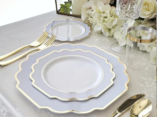 120 Pieces Disposable Plastic Dinner and Salad Plates Set - Imperial Blue & Gold, Heavyweight for Weddings & Parties