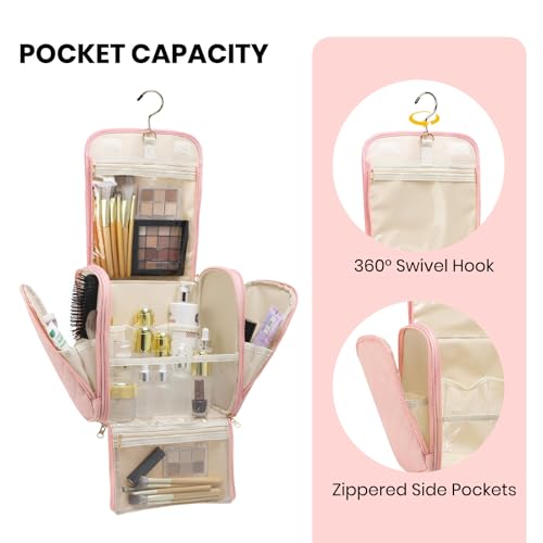 Women Makeup Bag with Hanging Hook, Large Portable Capacity Travel Hanging Toiletry Bag Organizer Case for Toiletries and Cosmetics, Pink