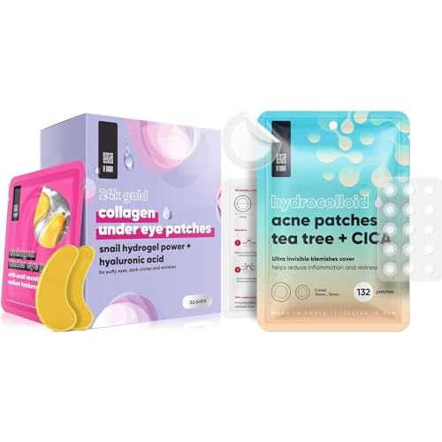 LE GUSHE K-BEAUTY Pimple Patches for Face (132 dots) & Under Eye Patches (30 Pairs). Gold Eye Mask with Collagen & Amino Acid, Cooling Eye Care for Wrinkles, Puffy Eyes & Dark Circles