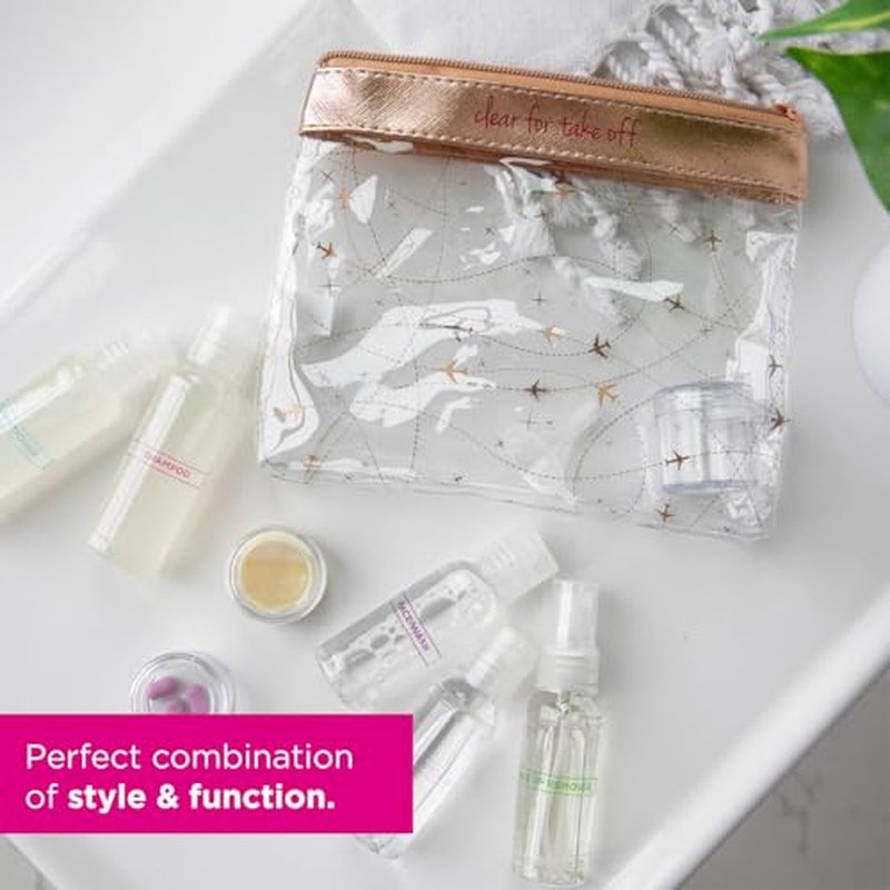 MIAMICA TSA Compliant Travel Bottles and Travel Toiletry Bag ? Includes 12 Pieces ? 7.55" L x 7.4" W x 1.8" D, Clear ? Cute Travel Gifts