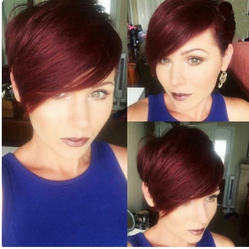 HOTKIS T1B/99J Pixie Cut Human Hair Wig with Side Bangs, Short Bob, Glueless, Natural Straight, Black Burgundy Two Tone for Women