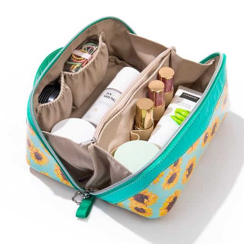 Travel Makeup Bag£¬Large-capacity waterproof cosmetic bag£¬Travel bags and toiletries bags for women£¬PU leather material£¬Multi-zone and large opening design (Sunflower)