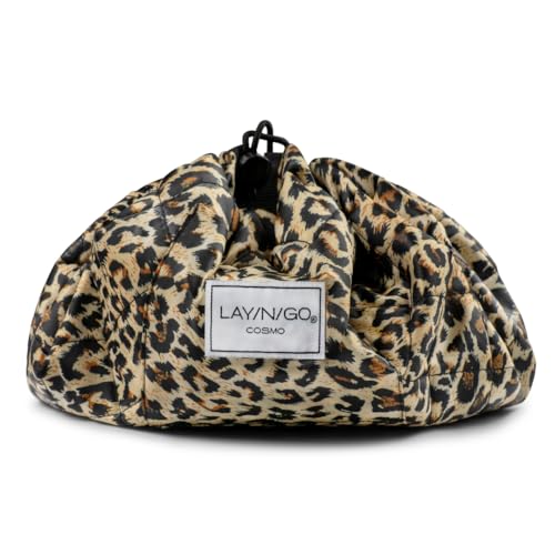 Lay-n-Go Cosmo Layflat Drawstring Cosmetic & Makeup Bag Organizer w/Zipper Pocket, Brush Loops & More, Cinch to Close, Lay Flat to Use, Durable, Machine Wash, Travel Toiletry Bag (22", Leopard)