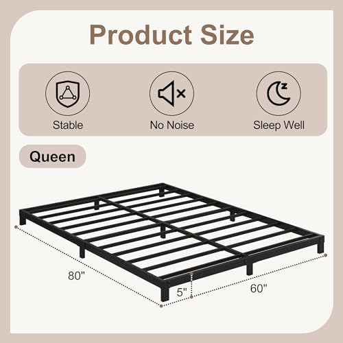 Queen Low Profile Bed Frame - 5 Inch Platform Bed, Steel, No Box Spring Needed - Black, Variation of Queen / 5 Inch