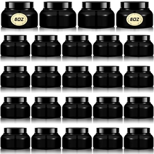 24 Pack 8 oz Plastic Cosmetic Jars with Lids & Labels - Black, Leakproof, Reusable