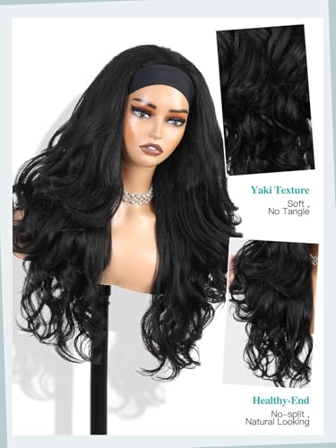 WIGNEE Black Long Yaki Curly Headband Wig for Black Women, Glueless, 26 Inch